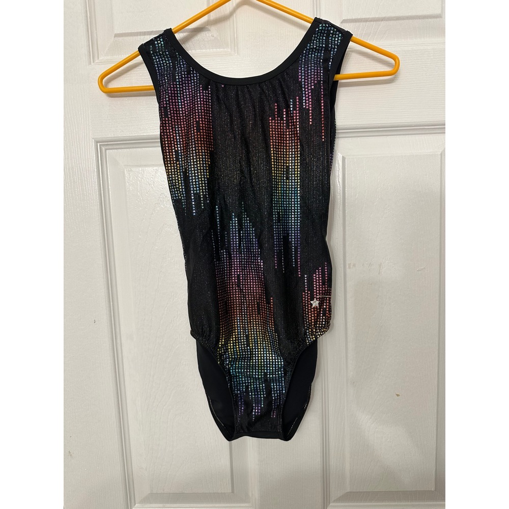 Destira Gymnastics Leotard Rainbow Pixel Metallic Black Keyhole Back XS